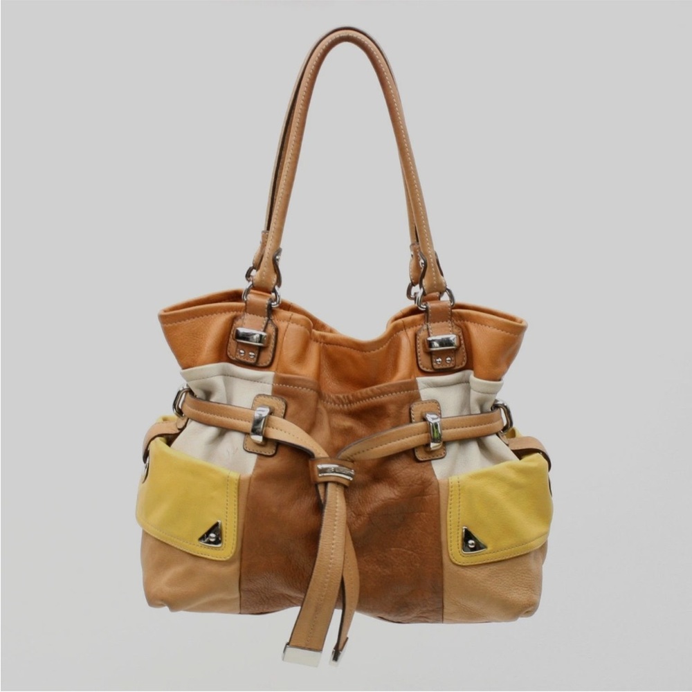 В Makowsky Brown Yellow Tan Leather Satchel Tote Shopper Shoulder Hand
Bag NWOT